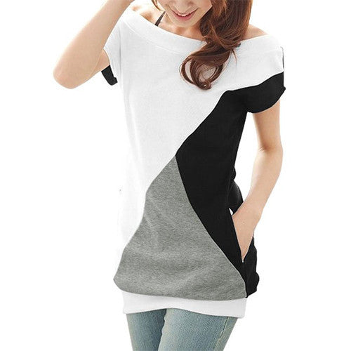  Allegra K Women Boat Neck Short Sleeve Color Block Tee Shirts 