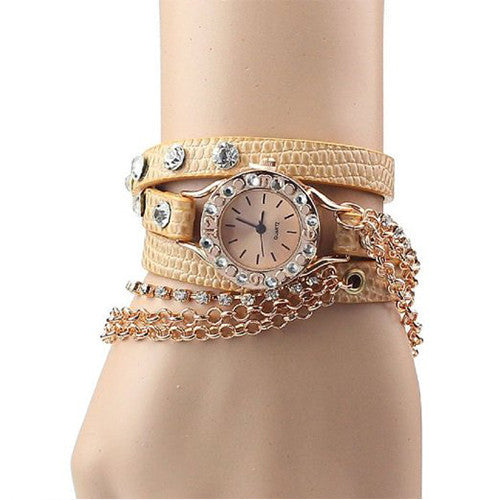 ABC® Leather Bracelet Rhinestone Rivet Chain Quartz Wrist Watch (Brown)