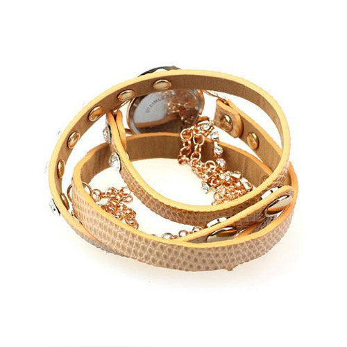 ABC® Leather Bracelet Rhinestone Rivet Chain Quartz Wrist Watch (Brown)