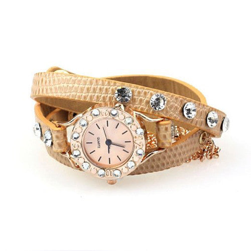 ABC® Leather Bracelet Rhinestone Rivet Chain Quartz Wrist Watch (Brown)